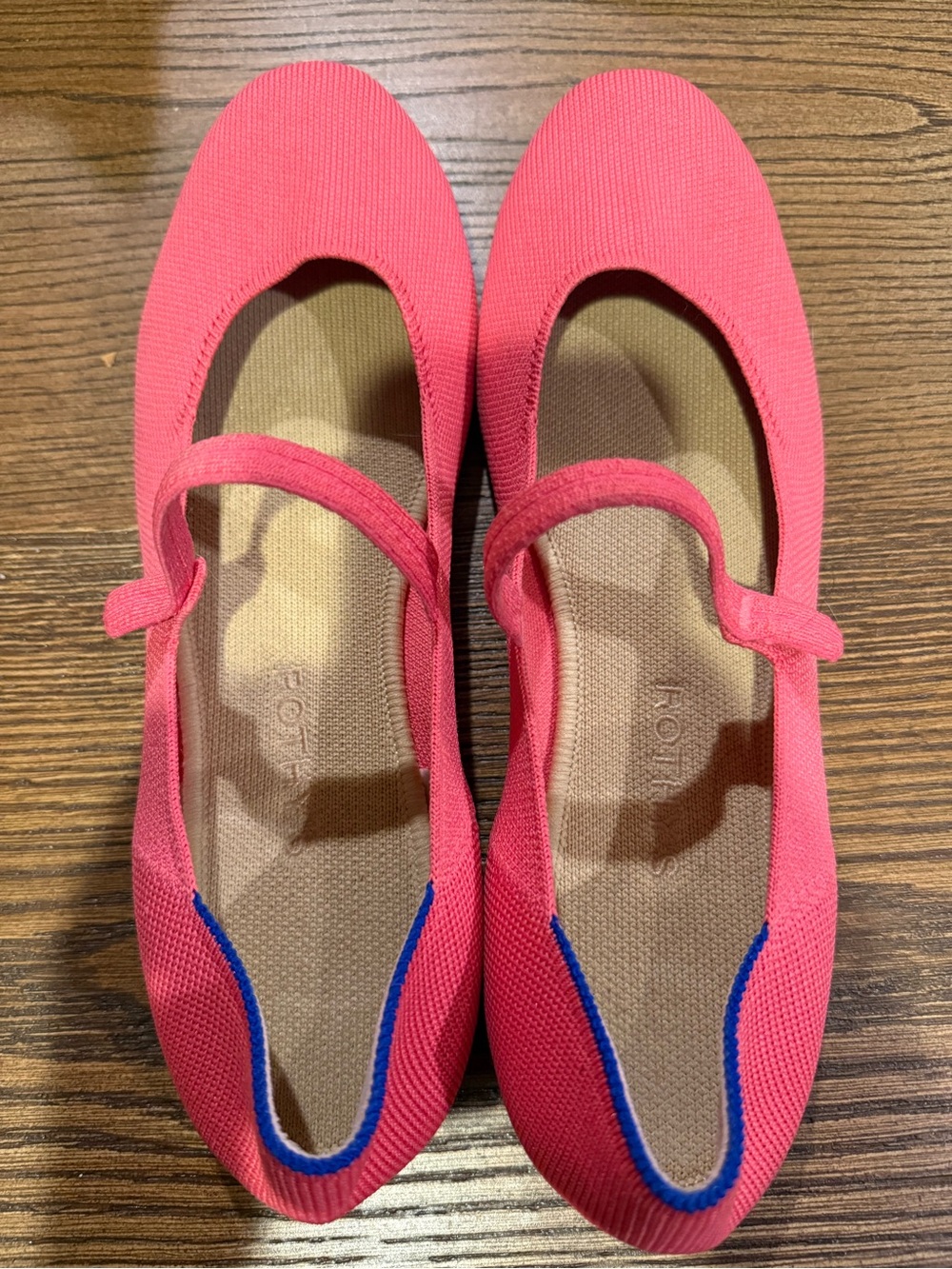 Rothy's Coral Pink Mary Jane Knit Flats with Blue Trim